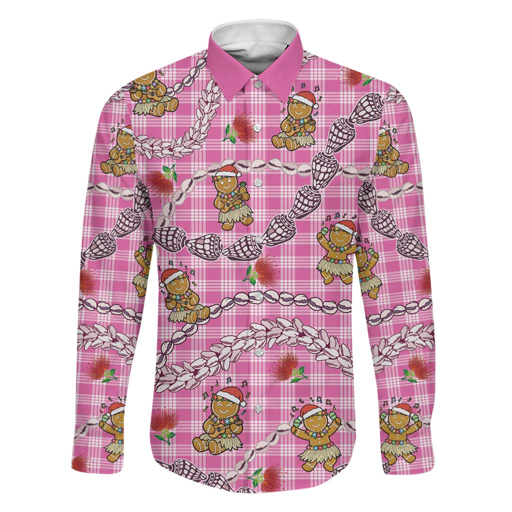 Pink Palaka Hawaii Mele Kalikimaka Family Matching Mermaid Dress and Hawaiian Shirt Ohia Lehua Shell Leis Funny Gingerbread Santa LT14 Dad's Shirt - Long Sleeve Pink - Polynesian Pride