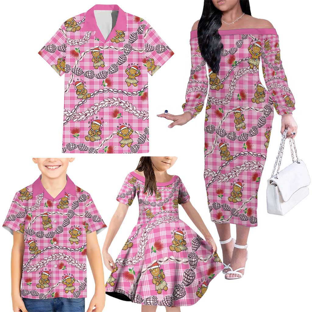 Pink Palaka Hawaii Mele Kalikimaka Family Matching Off The Shoulder Long Sleeve Dress and Hawaiian Shirt Ohia Lehua Shell Leis Funny Gingerbread Santa LT14 - Polynesian Pride