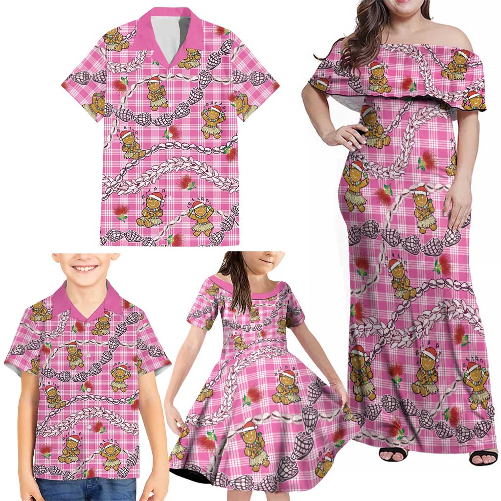 Pink Palaka Hawaii Mele Kalikimaka Family Matching Off Shoulder Maxi Dress and Hawaiian Shirt Ohia Lehua Shell Leis Funny Gingerbread Santa - Polynesian Pride