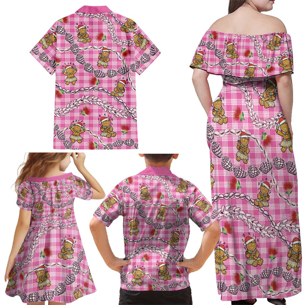 Pink Palaka Hawaii Mele Kalikimaka Family Matching Off Shoulder Maxi Dress and Hawaiian Shirt Ohia Lehua Shell Leis Funny Gingerbread Santa LT14 - Polynesian Pride