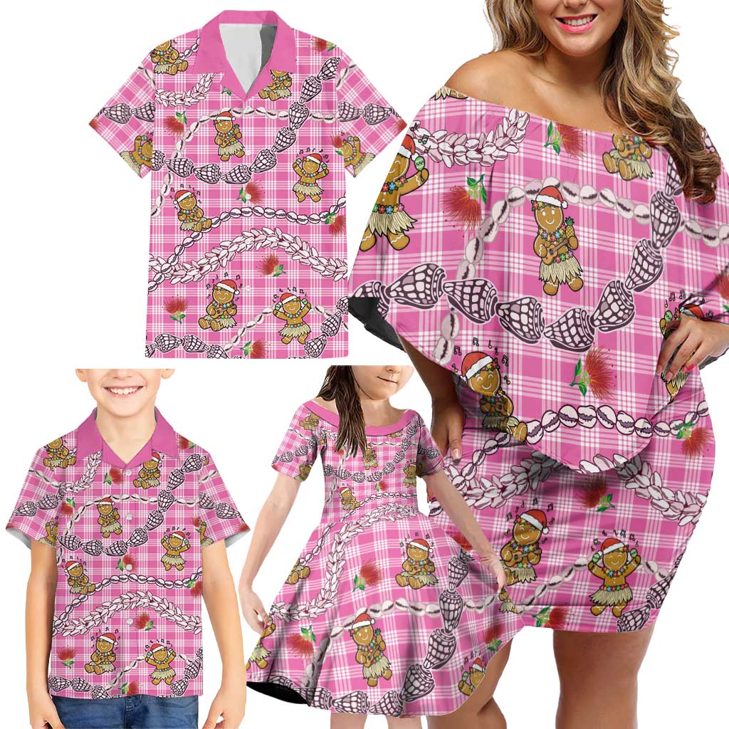 Pink Palaka Hawaii Mele Kalikimaka Family Matching Off Shoulder Short Dress and Hawaiian Shirt Ohia Lehua Shell Leis Funny Gingerbread Santa LT14 - Polynesian Pride