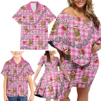 Pink Palaka Hawaii Mele Kalikimaka Family Matching Off Shoulder Short Dress and Hawaiian Shirt Ohia Lehua Shell Leis Funny Gingerbread Santa LT14 - Polynesian Pride