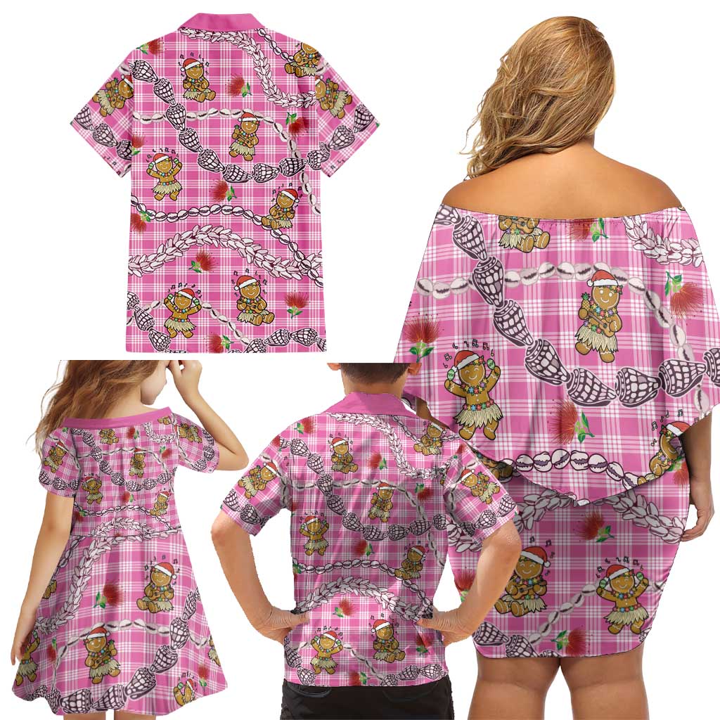 Pink Palaka Hawaii Mele Kalikimaka Family Matching Off Shoulder Short Dress and Hawaiian Shirt Ohia Lehua Shell Leis Funny Gingerbread Santa LT14 - Polynesian Pride