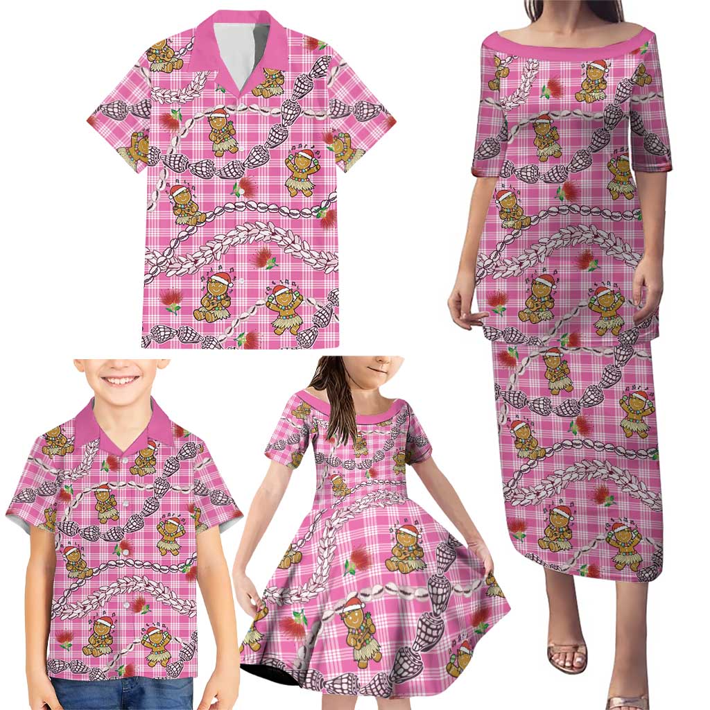 Pink Palaka Hawaii Mele Kalikimaka Family Matching Puletasi and Hawaiian Shirt Ohia Lehua Shell Leis Funny Gingerbread Santa - Polynesian Pride