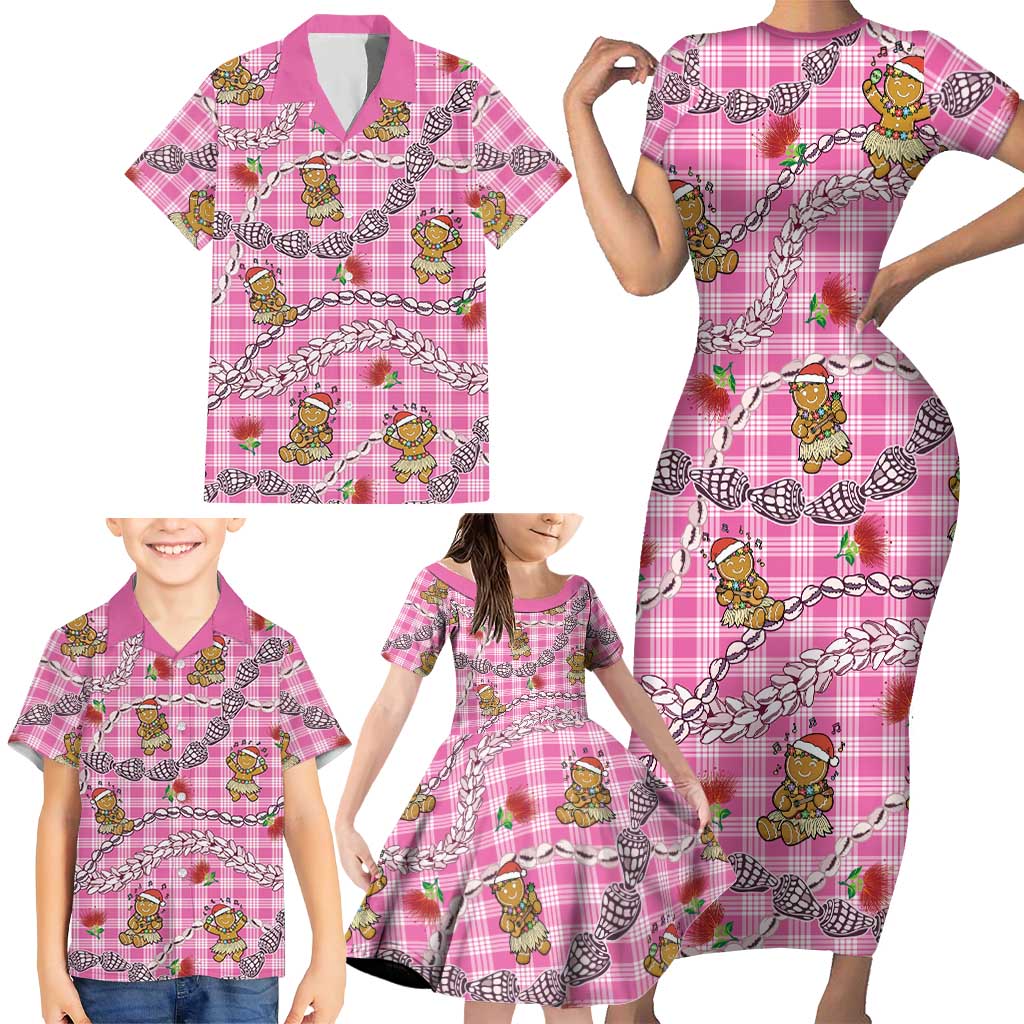Pink Palaka Hawaii Mele Kalikimaka Family Matching Short Sleeve Bodycon Dress and Hawaiian Shirt Ohia Lehua Shell Leis Funny Gingerbread Santa - Polynesian Pride