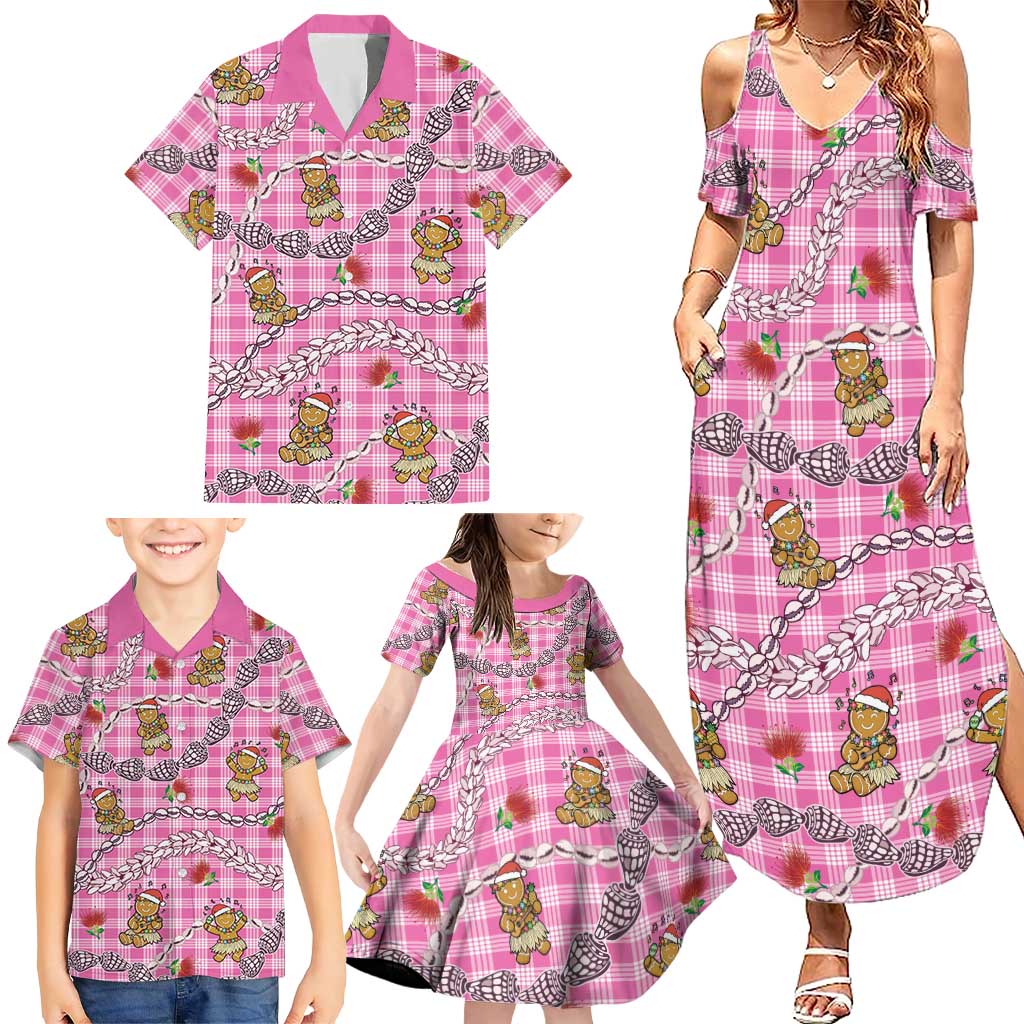 Pink Palaka Hawaii Mele Kalikimaka Family Matching Summer Maxi Dress and Hawaiian Shirt Ohia Lehua Shell Leis Funny Gingerbread Santa - Polynesian Pride