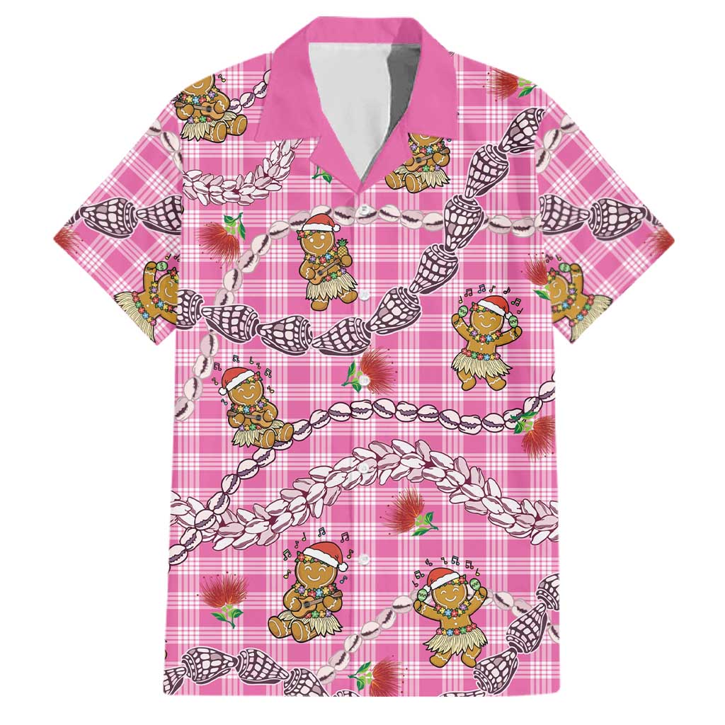 Pink Palaka Hawaii Mele Kalikimaka Family Matching Summer Maxi Dress and Hawaiian Shirt Ohia Lehua Shell Leis Funny Gingerbread Santa LT14 Dad's Shirt - Short Sleeve Pink - Polynesian Pride