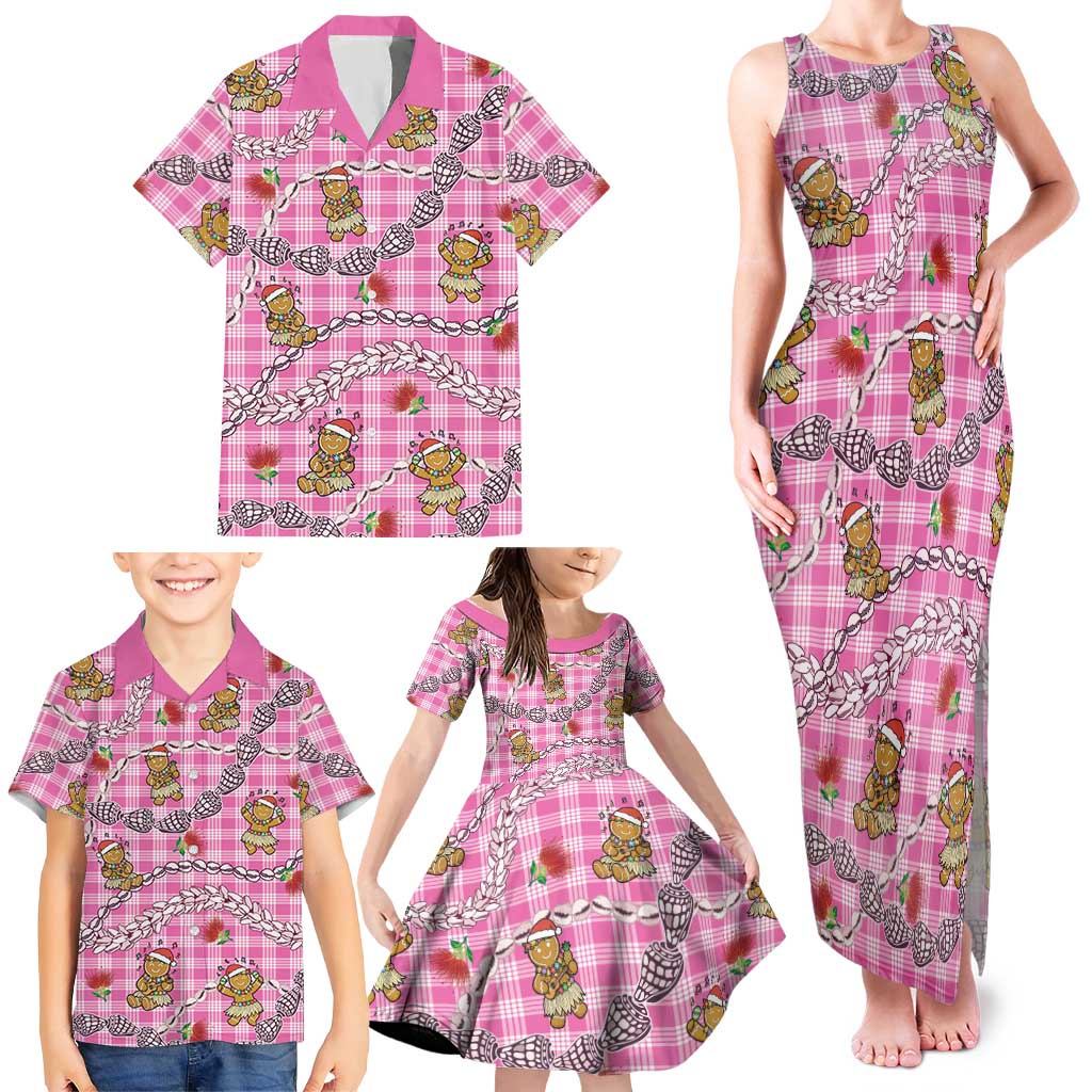 Pink Palaka Hawaii Mele Kalikimaka Family Matching Tank Maxi Dress and Hawaiian Shirt Ohia Lehua Shell Leis Funny Gingerbread Santa - Polynesian Pride