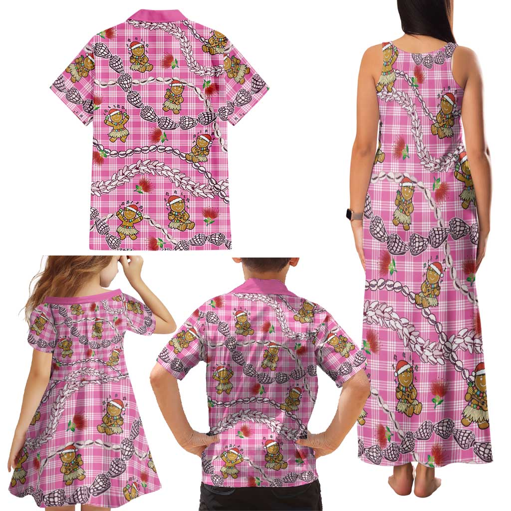 Pink Palaka Hawaii Mele Kalikimaka Family Matching Tank Maxi Dress and Hawaiian Shirt Ohia Lehua Shell Leis Funny Gingerbread Santa LT14 - Polynesian Pride