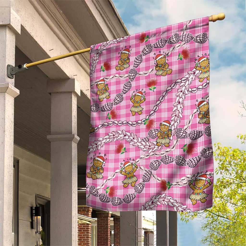 Pink Palaka Hawaii Mele Kalikimaka Garden Flag Ohia Lehua Shell Leis Funny Gingerbread Santa - Polynesian Pride
