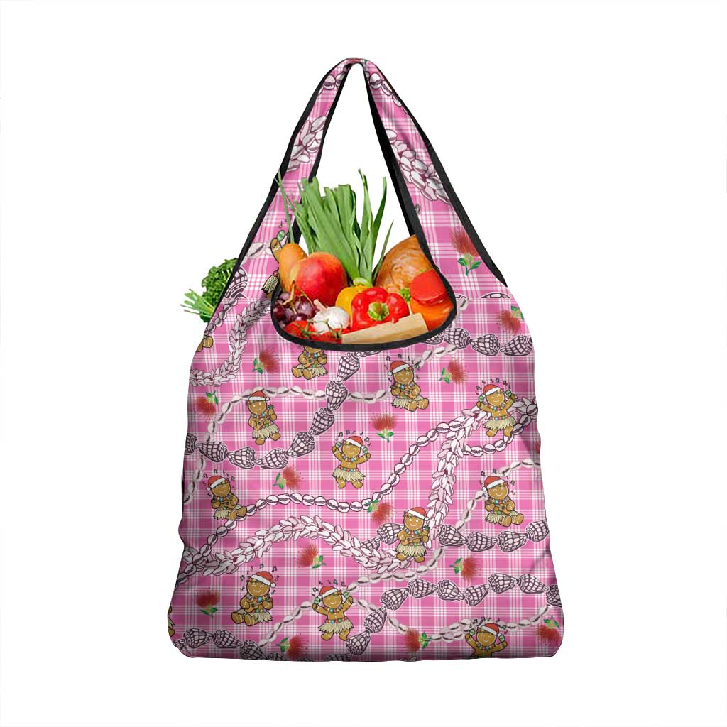 Pink Palaka Hawaii Mele Kalikimaka Grocery Bag Ohia Lehua Shell Leis Funny Gingerbread Santa - Polynesian Pride