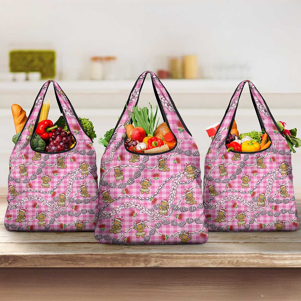 Pink Palaka Hawaii Mele Kalikimaka Grocery Bag Ohia Lehua Shell Leis Funny Gingerbread Santa - Polynesian Pride