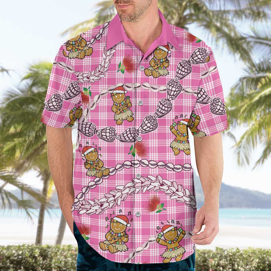 Pink Palaka Hawaii Mele Kalikimaka Hawaiian Shirt Ohia Lehua Shell Leis Funny Gingerbread Santa - Polynesian Pride