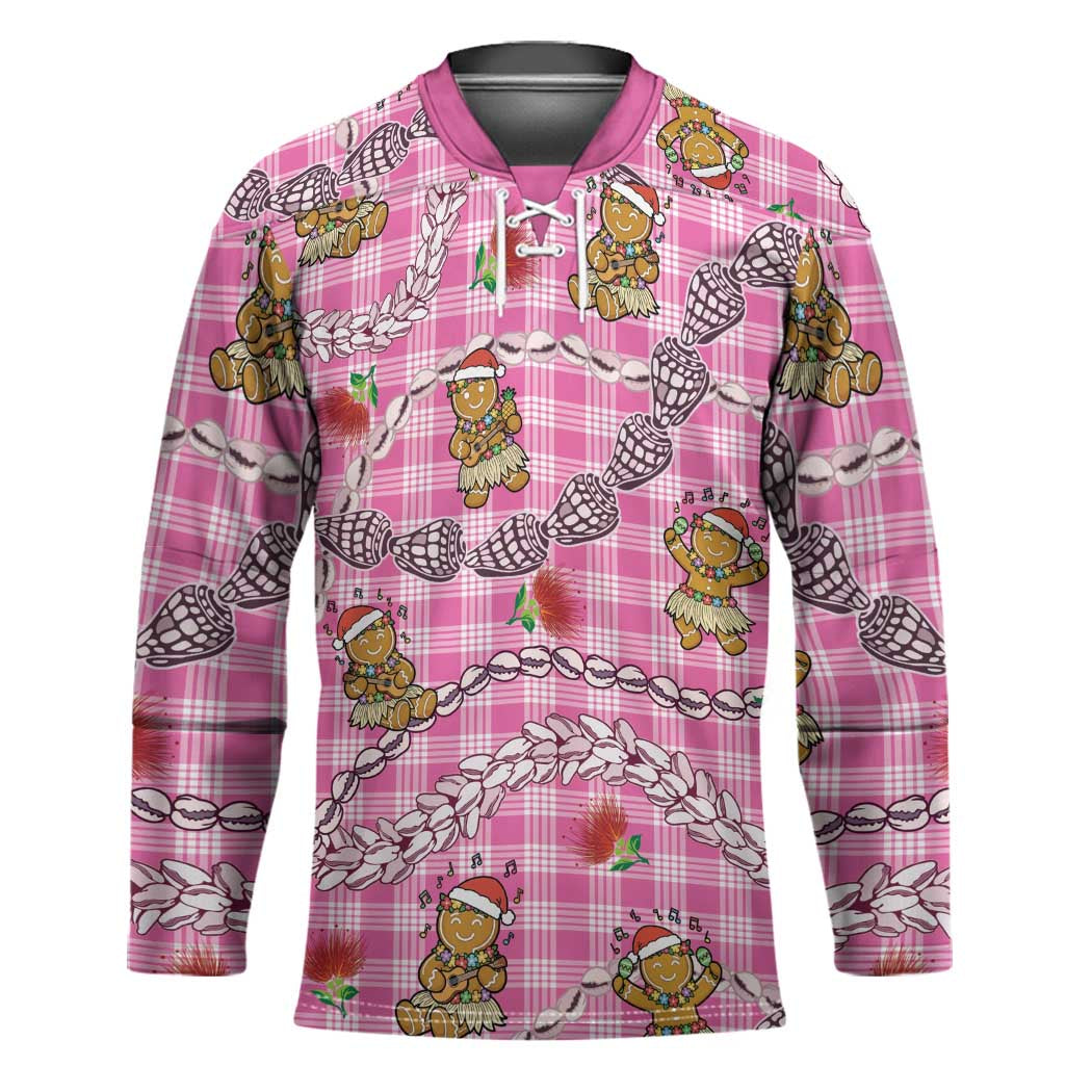 Pink Palaka Hawaii Mele Kalikimaka Hockey Jersey Ohia Lehua Shell Leis Funny Gingerbread Santa - Polynesian Pride