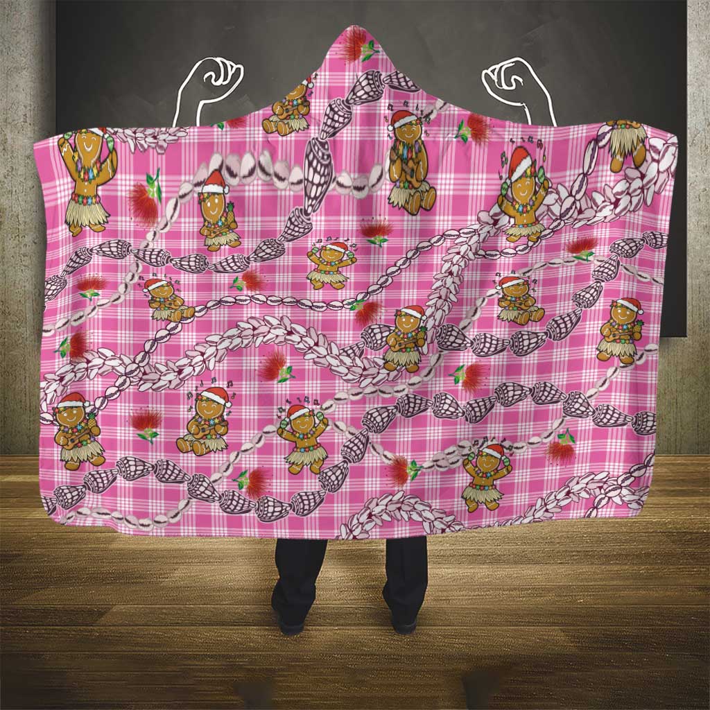 Pink Palaka Hawaii Mele Kalikimaka Hooded Blanket Ohia Lehua Shell Leis Funny Gingerbread Santa - Polynesian Pride