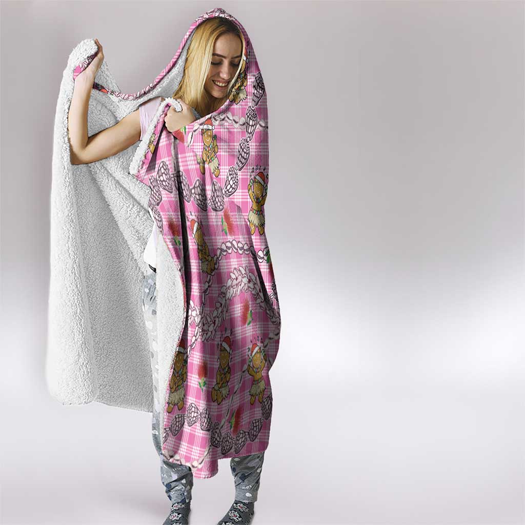 Pink Palaka Hawaii Mele Kalikimaka Hooded Blanket Ohia Lehua Shell Leis Funny Gingerbread Santa - Polynesian Pride