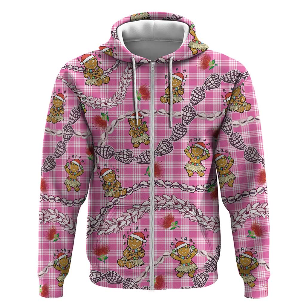 Pink Palaka Hawaii Mele Kalikimaka Hoodie Ohia Lehua Shell Leis Funny Gingerbread Santa - Polynesian Pride