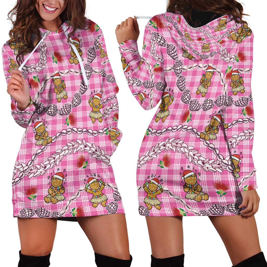 Pink Palaka Hawaii Mele Kalikimaka Hoodie Dress Ohia Lehua Shell Leis Funny Gingerbread Santa - Polynesian Pride