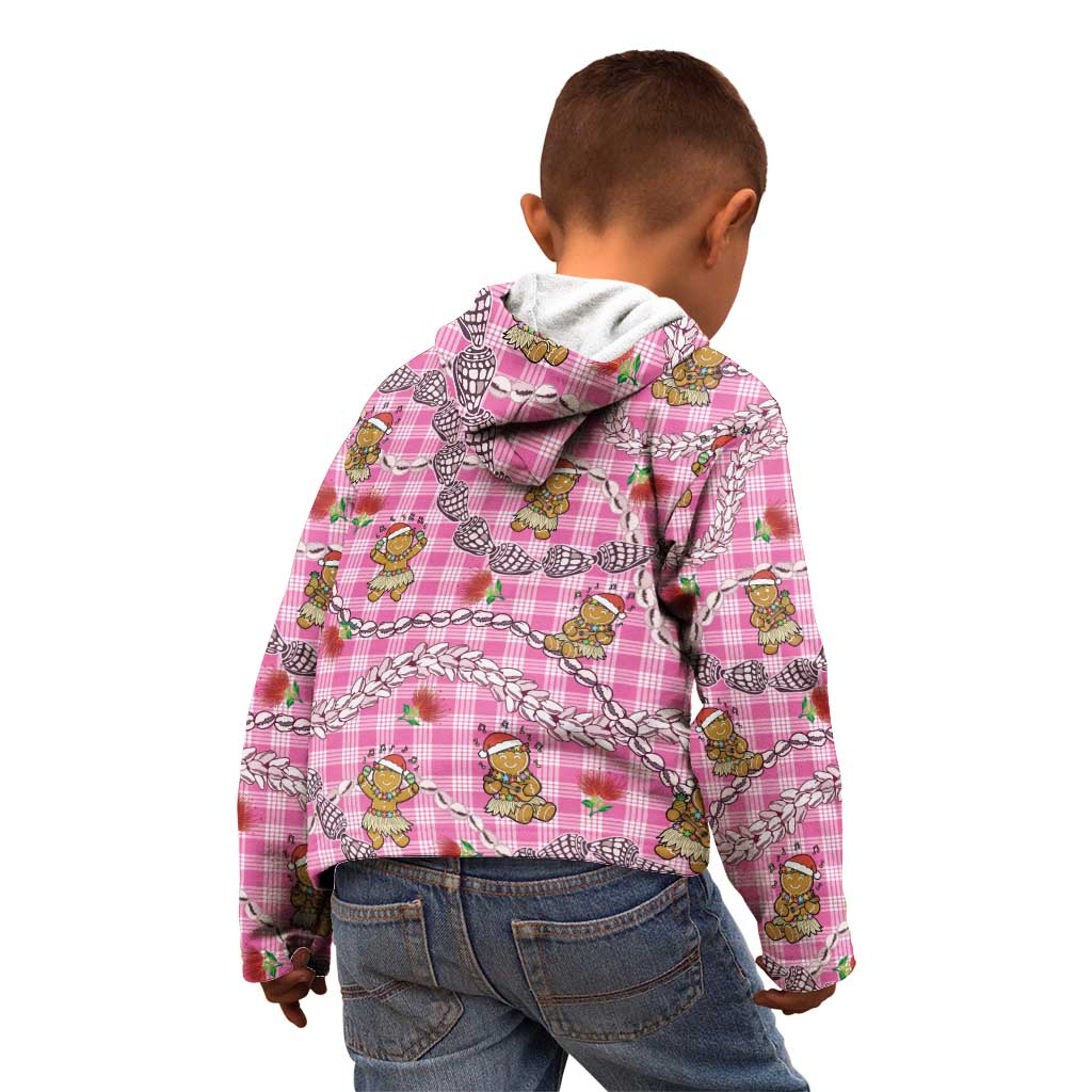 Pink Palaka Hawaii Mele Kalikimaka Kid Hoodie Ohia Lehua Shell Leis Funny Gingerbread Santa - Polynesian Pride