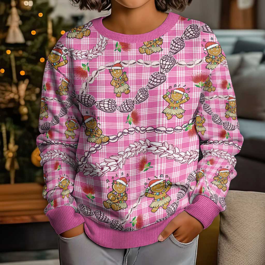 Pink Palaka Hawaii Mele Kalikimaka Kid Ugly Christmas Sweater Ohia Lehua Shell Leis Funny Gingerbread Santa - Polynesian Pride