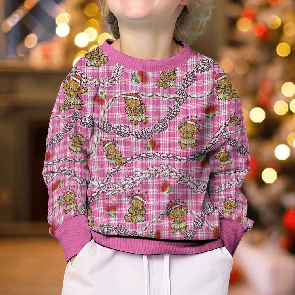 Pink Palaka Hawaii Mele Kalikimaka Kid Ugly Christmas Sweater Ohia Lehua Shell Leis Funny Gingerbread Santa - Polynesian Pride
