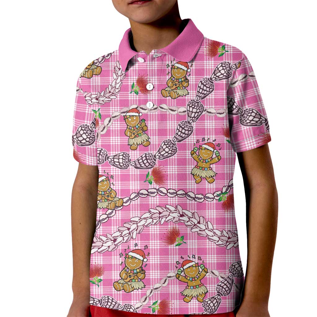 Pink Palaka Hawaii Mele Kalikimaka Kid Polo Shirt Ohia Lehua Shell Leis Funny Gingerbread Santa - Polynesian Pride