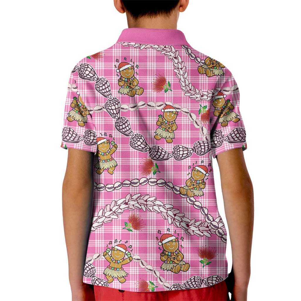 Pink Palaka Hawaii Mele Kalikimaka Kid Polo Shirt Ohia Lehua Shell Leis Funny Gingerbread Santa - Polynesian Pride