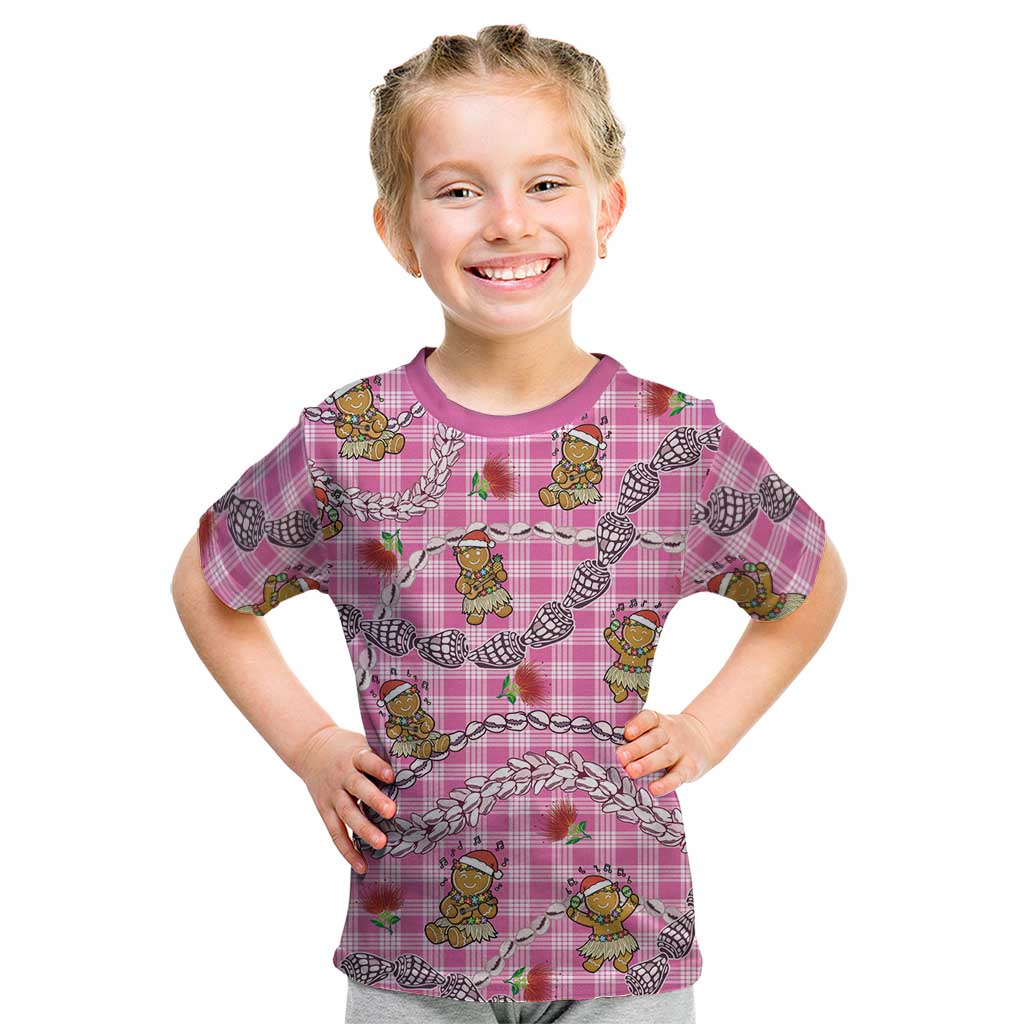 Pink Palaka Hawaii Mele Kalikimaka Kid T Shirt Ohia Lehua Shell Leis Funny Gingerbread Santa - Polynesian Pride