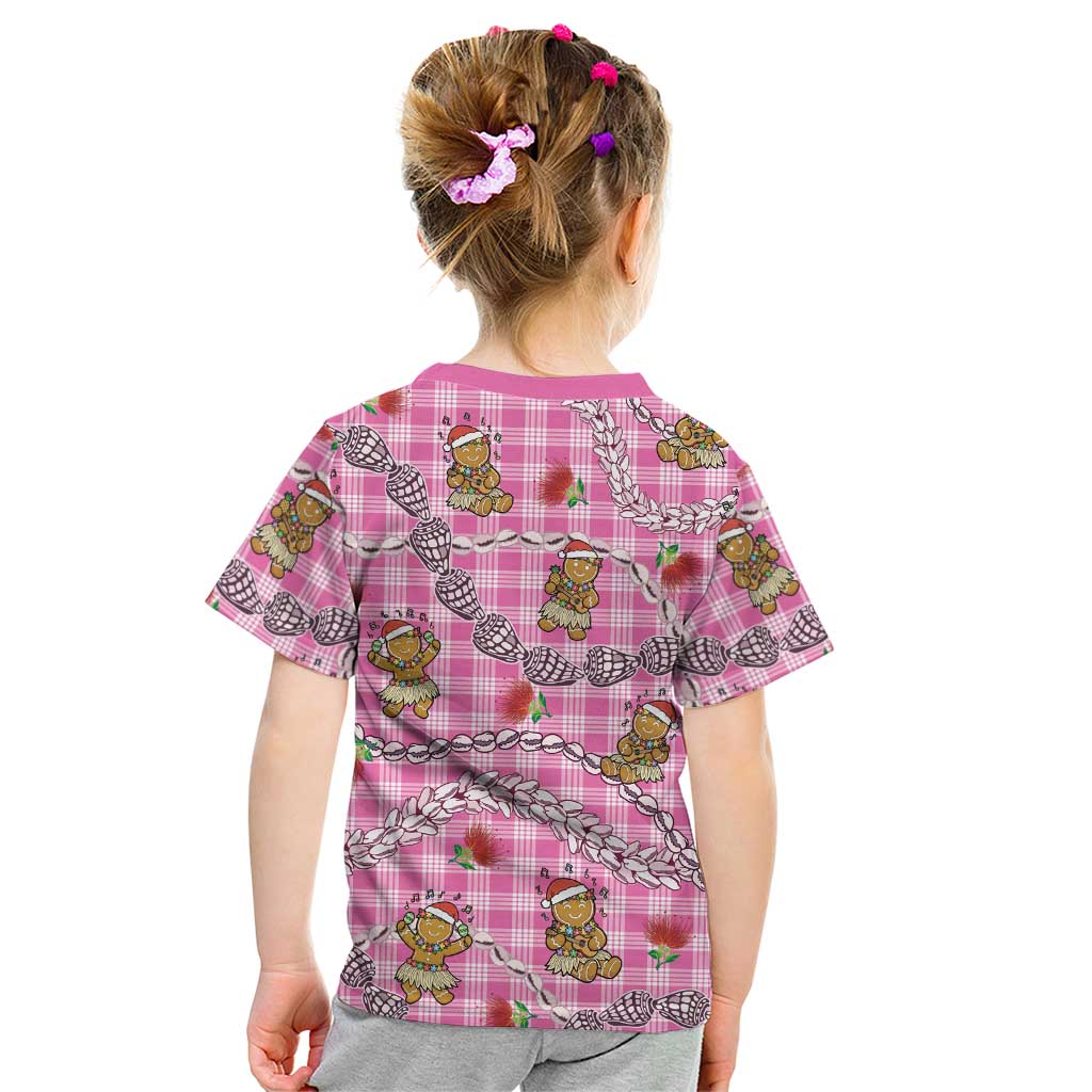 Pink Palaka Hawaii Mele Kalikimaka Kid T Shirt Ohia Lehua Shell Leis Funny Gingerbread Santa - Polynesian Pride