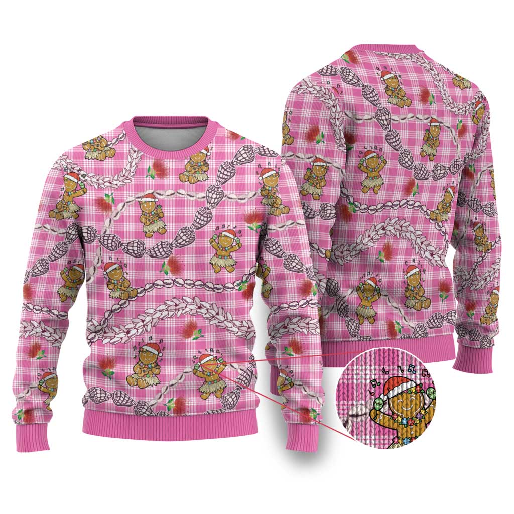 Pink Palaka Hawaii Mele Kalikimaka Ugly Christmas Sweater Ohia Lehua Shell Leis Funny Gingerbread Santa - Polynesian Pride