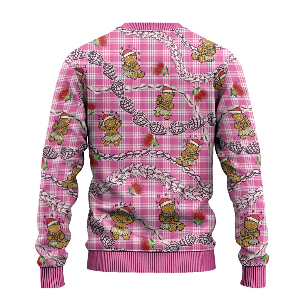 Pink Palaka Hawaii Mele Kalikimaka Ugly Christmas Sweater Ohia Lehua Shell Leis Funny Gingerbread Santa - Polynesian Pride