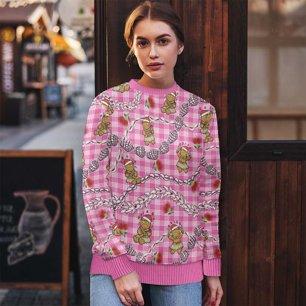 Pink Palaka Hawaii Mele Kalikimaka Ugly Christmas Sweater Ohia Lehua Shell Leis Funny Gingerbread Santa - Polynesian Pride