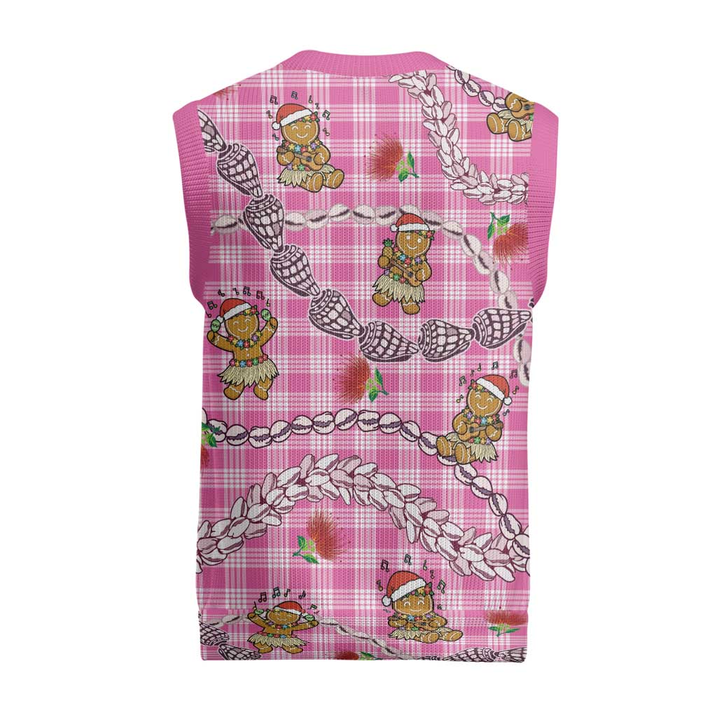 Pink Palaka Hawaii Mele Kalikimaka Christmas Knitted V-Neck Vest Ohia Lehua Shell Leis Funny Gingerbread Santa - Polynesian Pride