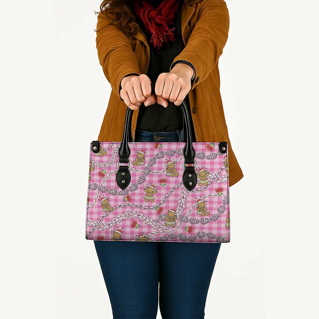 Pink Palaka Hawaii Mele Kalikimaka Leather Bag Ohia Lehua Shell Leis Funny Gingerbread Santa - Polynesian Pride