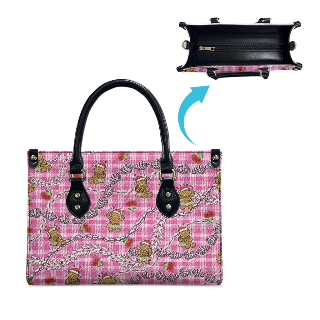 Pink Palaka Hawaii Mele Kalikimaka Leather Bag Ohia Lehua Shell Leis Funny Gingerbread Santa - Polynesian Pride