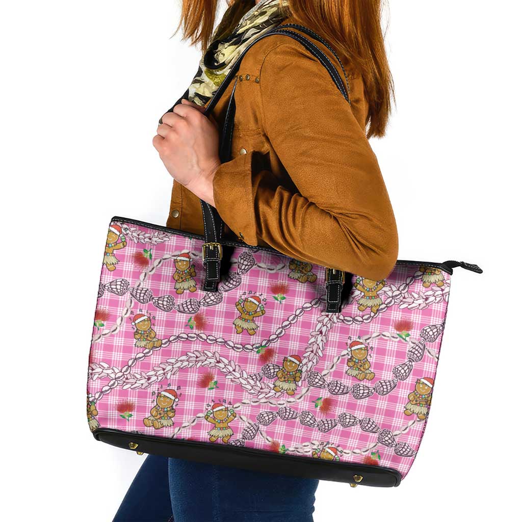 Pink Palaka Hawaii Mele Kalikimaka Leather Tote Bag Ohia Lehua Shell Leis Funny Gingerbread Santa - Polynesian Pride