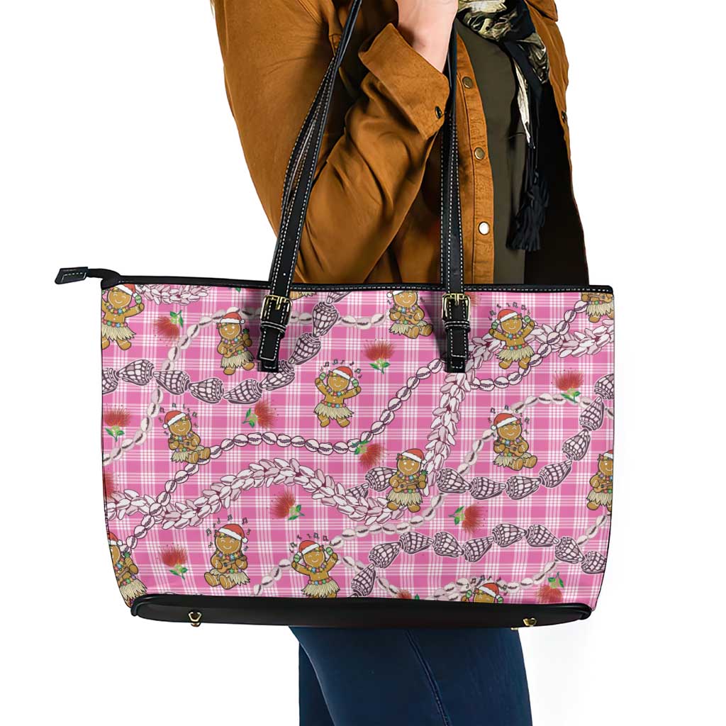 Pink Palaka Hawaii Mele Kalikimaka Leather Tote Bag Ohia Lehua Shell Leis Funny Gingerbread Santa - Polynesian Pride