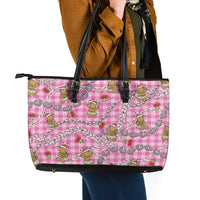 Pink Palaka Hawaii Mele Kalikimaka Leather Tote Bag Ohia Lehua Shell Leis Funny Gingerbread Santa - Polynesian Pride