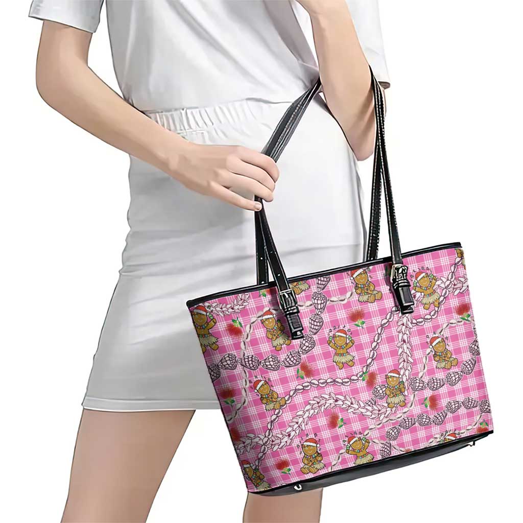 Pink Palaka Hawaii Mele Kalikimaka Leather Tote Bag Ohia Lehua Shell Leis Funny Gingerbread Santa - Polynesian Pride