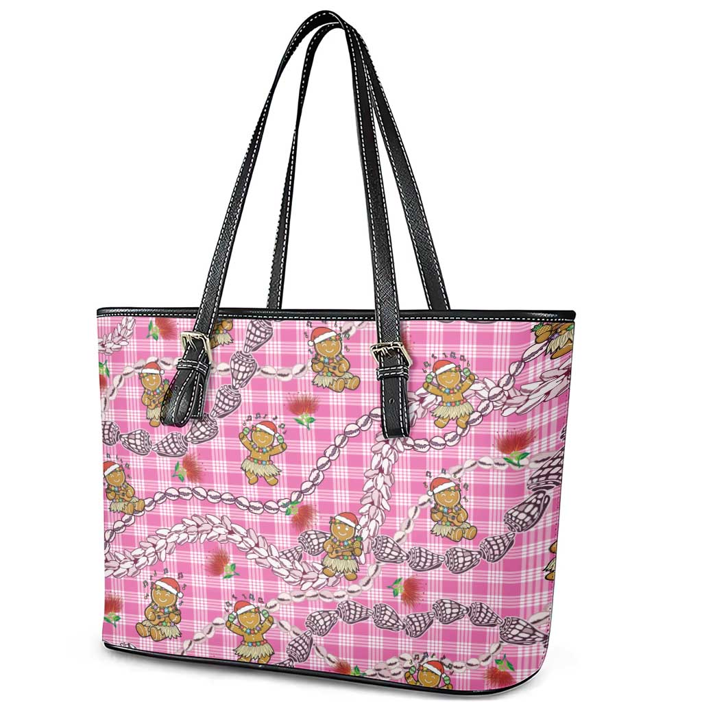 Pink Palaka Hawaii Mele Kalikimaka Leather Tote Bag Ohia Lehua Shell Leis Funny Gingerbread Santa - Polynesian Pride