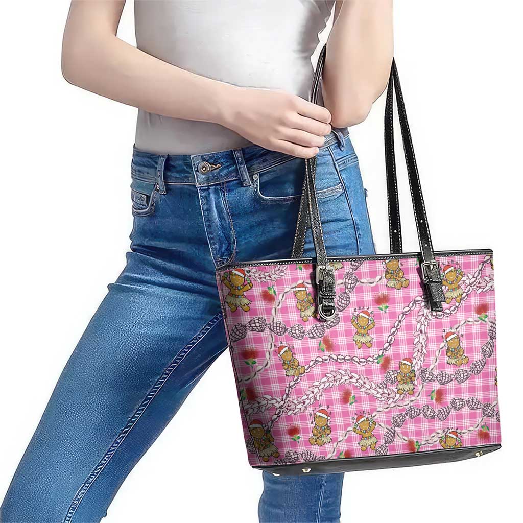 Pink Palaka Hawaii Mele Kalikimaka Leather Tote Bag Ohia Lehua Shell Leis Funny Gingerbread Santa - Polynesian Pride