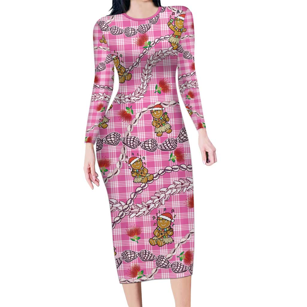Pink Palaka Hawaii Mele Kalikimaka Long Sleeve Bodycon Dress Ohia Lehua Shell Leis Funny Gingerbread Santa - Polynesian Pride