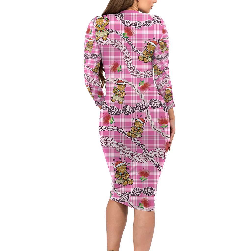 Pink Palaka Hawaii Mele Kalikimaka Long Sleeve Bodycon Dress Ohia Lehua Shell Leis Funny Gingerbread Santa - Polynesian Pride
