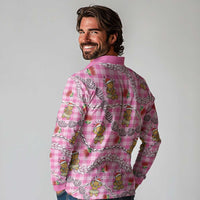 Pink Palaka Hawaii Mele Kalikimaka Long Sleeve Polo Shirt Ohia Lehua Shell Leis Funny Gingerbread Santa - Polynesian Pride