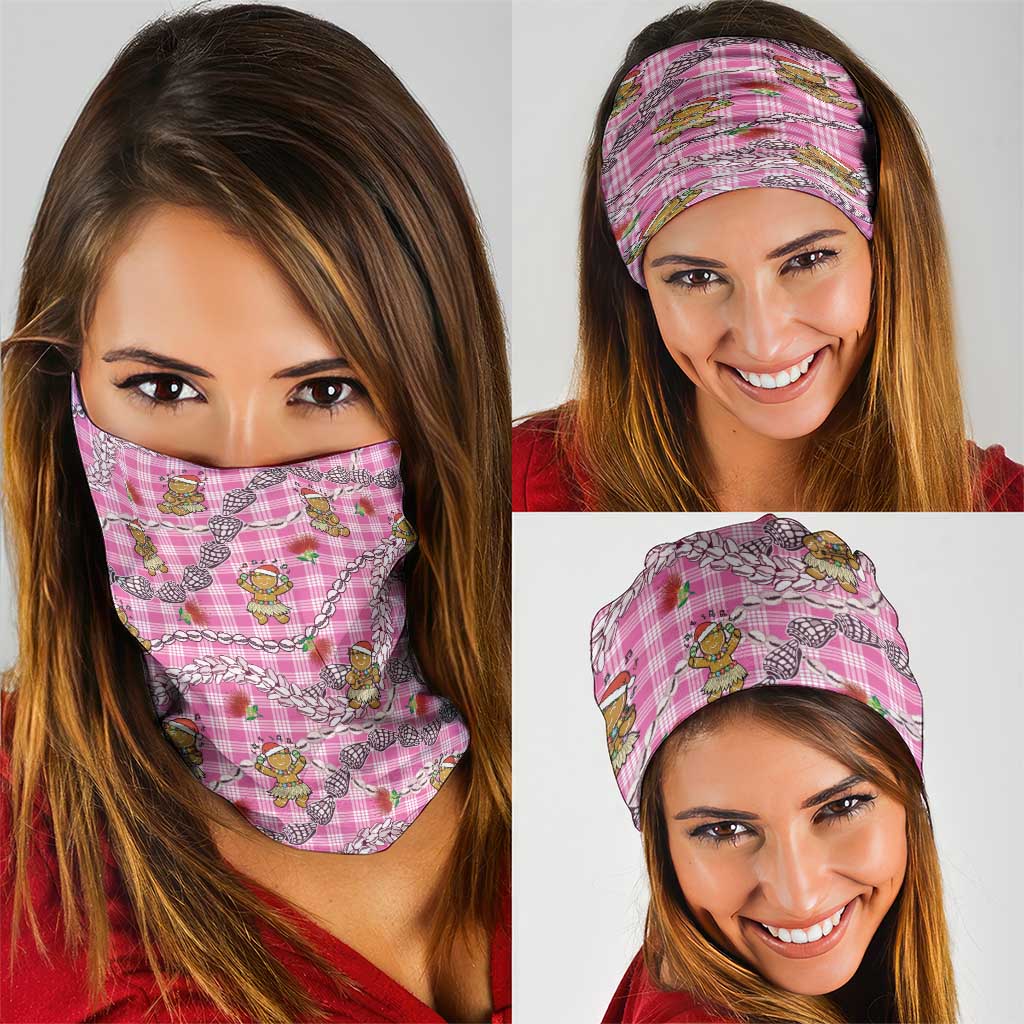 Pink Palaka Hawaii Mele Kalikimaka Neck Gaiter Ohia Lehua Shell Leis Funny Gingerbread Santa - Polynesian Pride