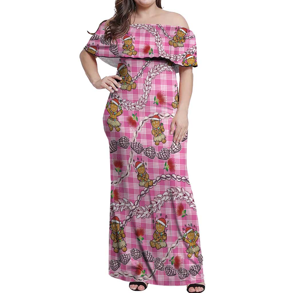 Pink Palaka Hawaii Mele Kalikimaka Off Shoulder Maxi Dress Ohia Lehua Shell Leis Funny Gingerbread Santa - Polynesian Pride