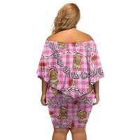 Pink Palaka Hawaii Mele Kalikimaka Off Shoulder Short Dress Ohia Lehua Shell Leis Funny Gingerbread Santa - Polynesian Pride