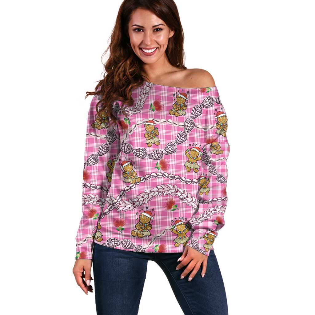 Pink Palaka Hawaii Mele Kalikimaka Off Shoulder Sweater Ohia Lehua Shell Leis Funny Gingerbread Santa - Polynesian Pride