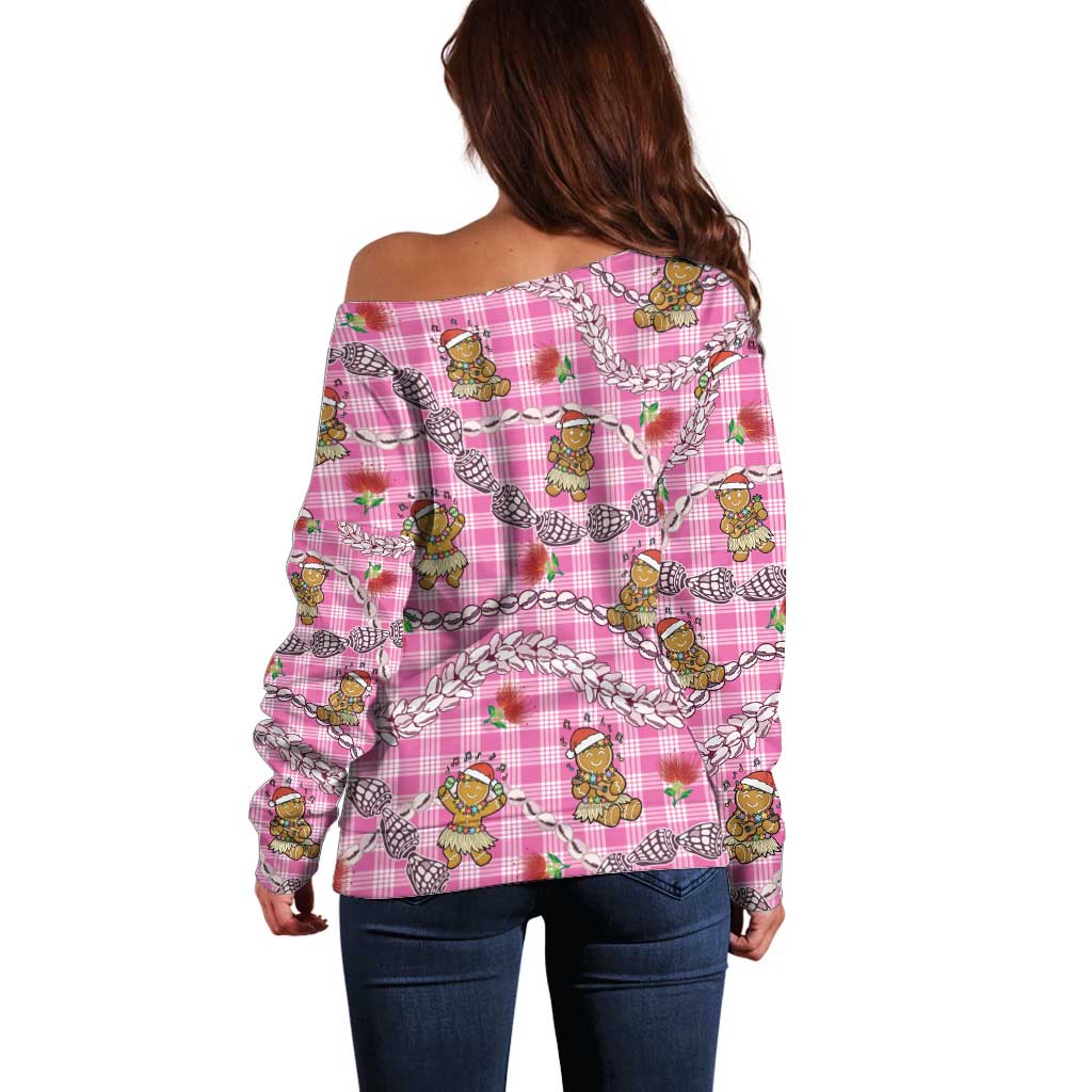 Pink Palaka Hawaii Mele Kalikimaka Off Shoulder Sweater Ohia Lehua Shell Leis Funny Gingerbread Santa - Polynesian Pride