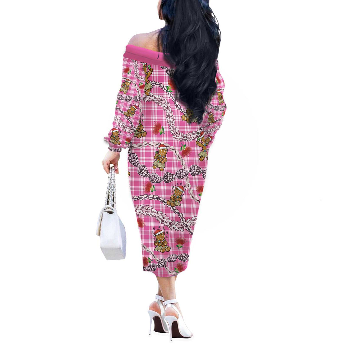 Pink Palaka Hawaii Mele Kalikimaka Off The Shoulder Long Sleeve Dress Ohia Lehua Shell Leis Funny Gingerbread Santa - Polynesian Pride